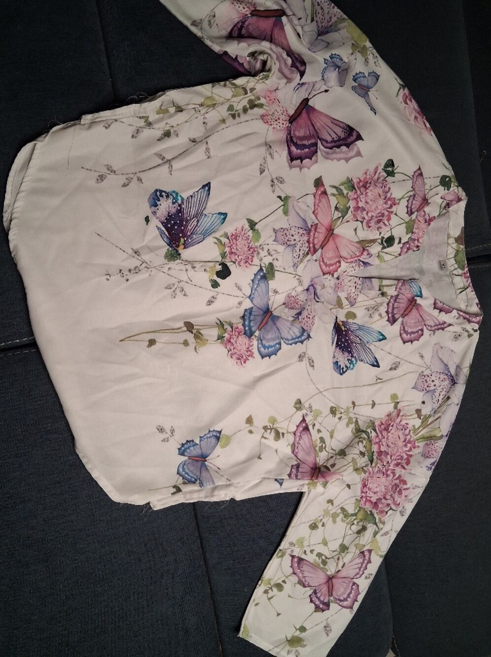 SHEIN White Blouse with Pink & Blue Butterfly Floral Print